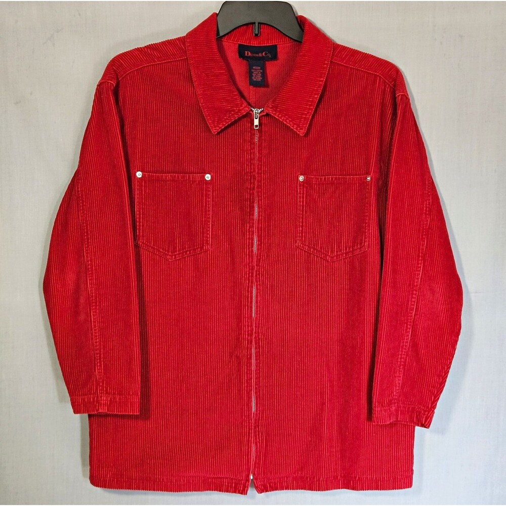 VTG 90s Denim & Co Womens M Red Corduroy Jacket Full Zip Coat Shacket Collared